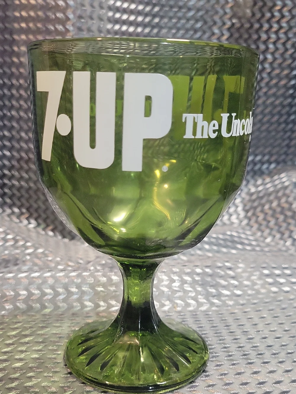 Vintage 70s 7 UP The Uncola Green Glass Stein Cup Goblet Retro Mug